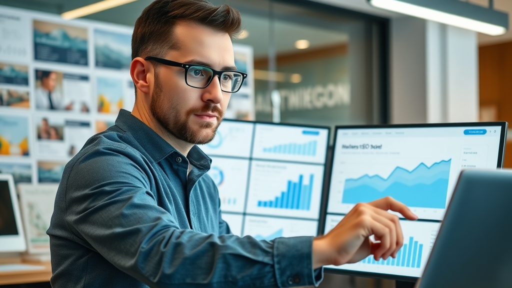 dynamic digital marketing dashboard, business owner analyzing local SEO Muskegon businesses growth, real-time data visuals, local maps
