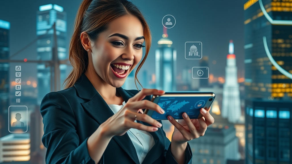 Innovative mobile app interface, excited businesswoman interacting with AR features, Muskegon cityscape, neon blue, digital overlays, futuristic, 24mm lens. mobile marketing strategies muskegon, digital marketing agency