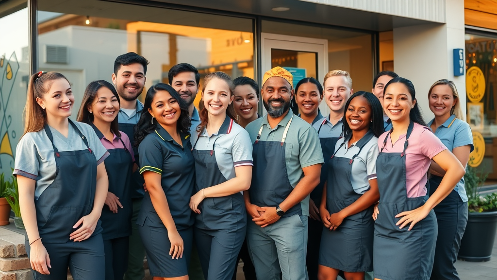 diverse Muskegon small business staff, cheerful, outside shopfront, group photo, laughter, colorful outfits, golden hour, detailed, natural interaction, 35mm lens