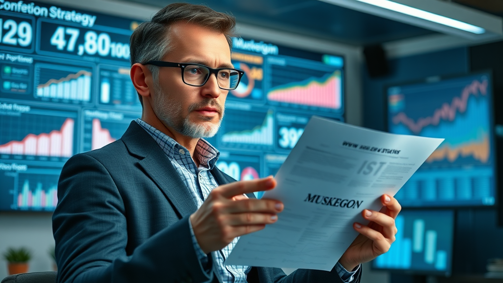 innovative marketing strategist, focused, presenting content strategy plan, Cinematic, office interior with digital display boards showing statistics and Muskegon references