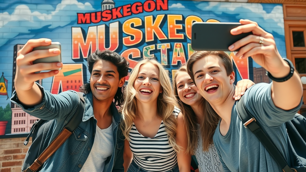 Young customers sharing social proof content in front of Muskegon mural downtown.