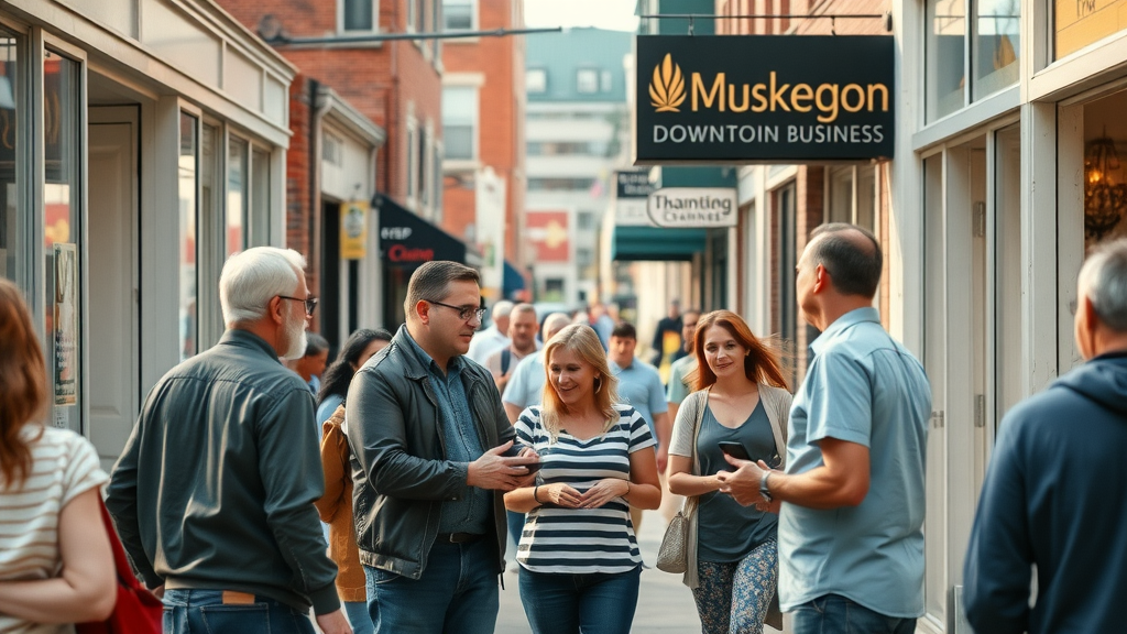 SEO for Muskegon businesses vibrant Muskegon downtown business district, bustling with people and business owners interacting with customers