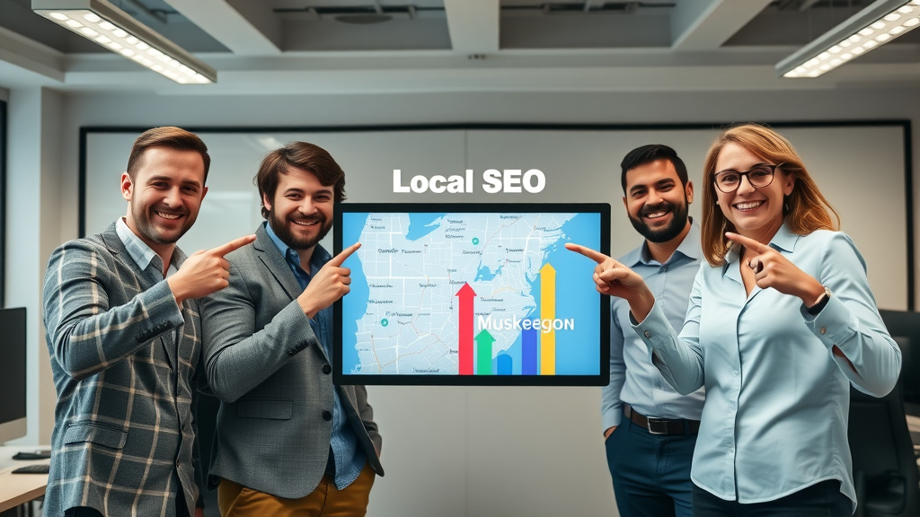 local SEO Muskegon business team celebrating growth with local SEO graphs, digital Muskegon map, animated growth arrows