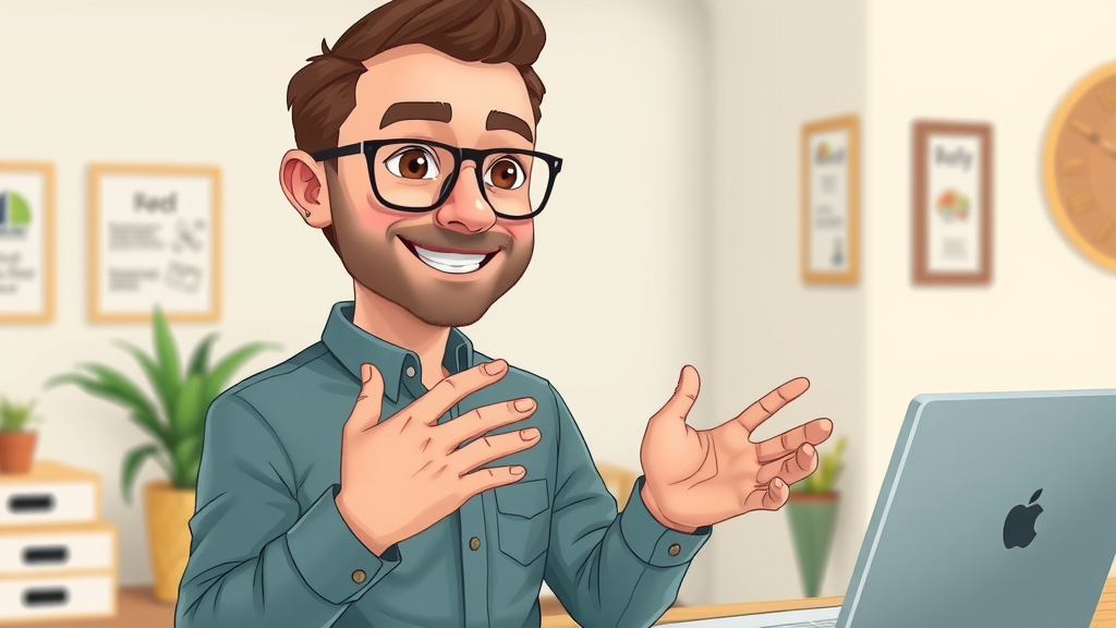 approachable Muskegon Heights entrepreneur demonstrating a how-to process, cartoon style, indoor workspace, animated steps, pastel palette, over-the-shoulder, hands naturally illustrated