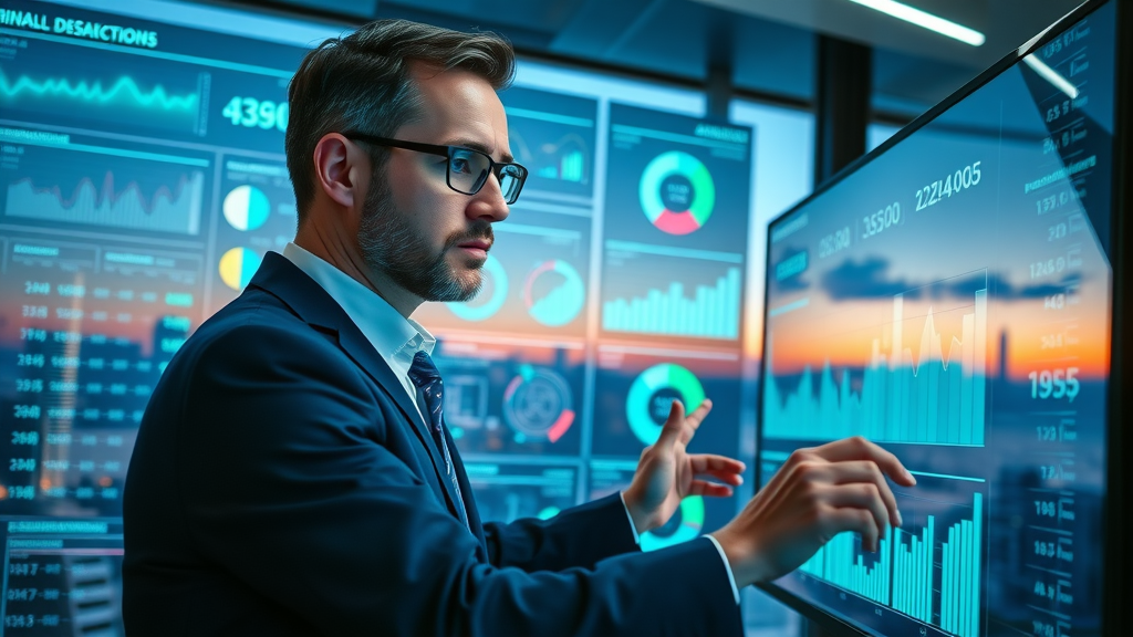 analytic dashboard on a large monitor, business professional reviewing charts and graphs, local search ranking, futuristic office, photorealistic