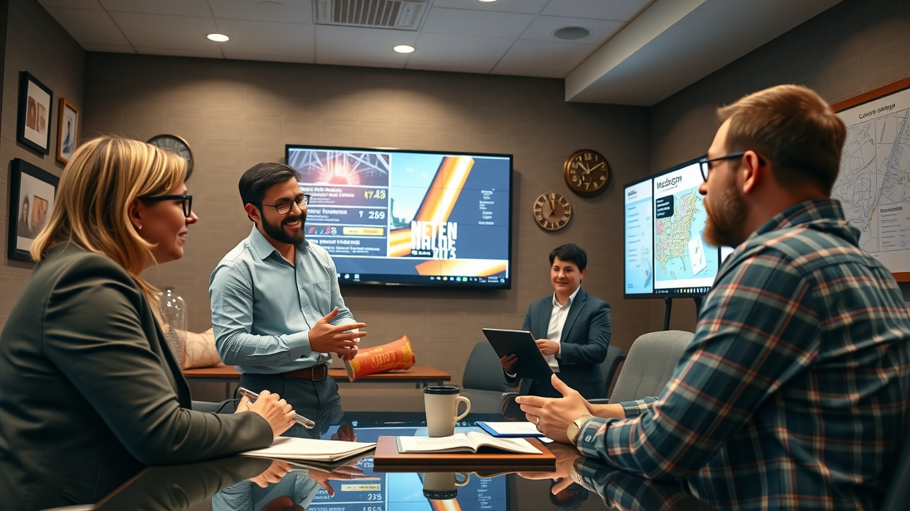 Friendly agency team presenting custom social media strategy to Muskegon business owner. Digital marketing agency expertise on display.