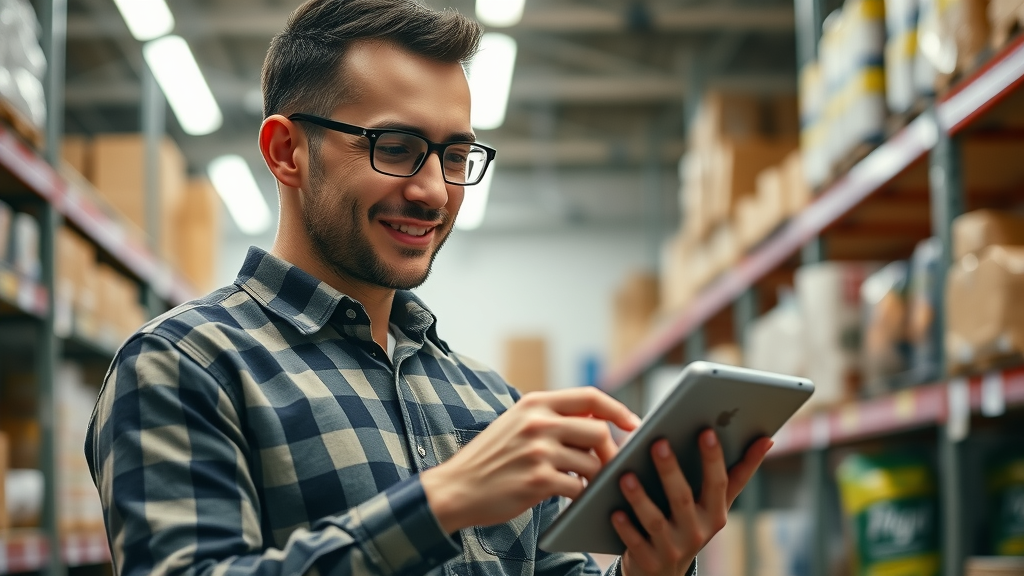Focused retail worker checking inventory with a business management app on a digital tablet, benefiting from custom app features for local businesses