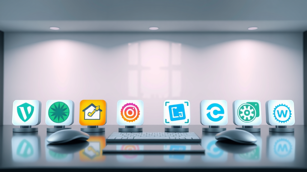 desktop displaying icons of top 10 digital marketing tools recommended by experts