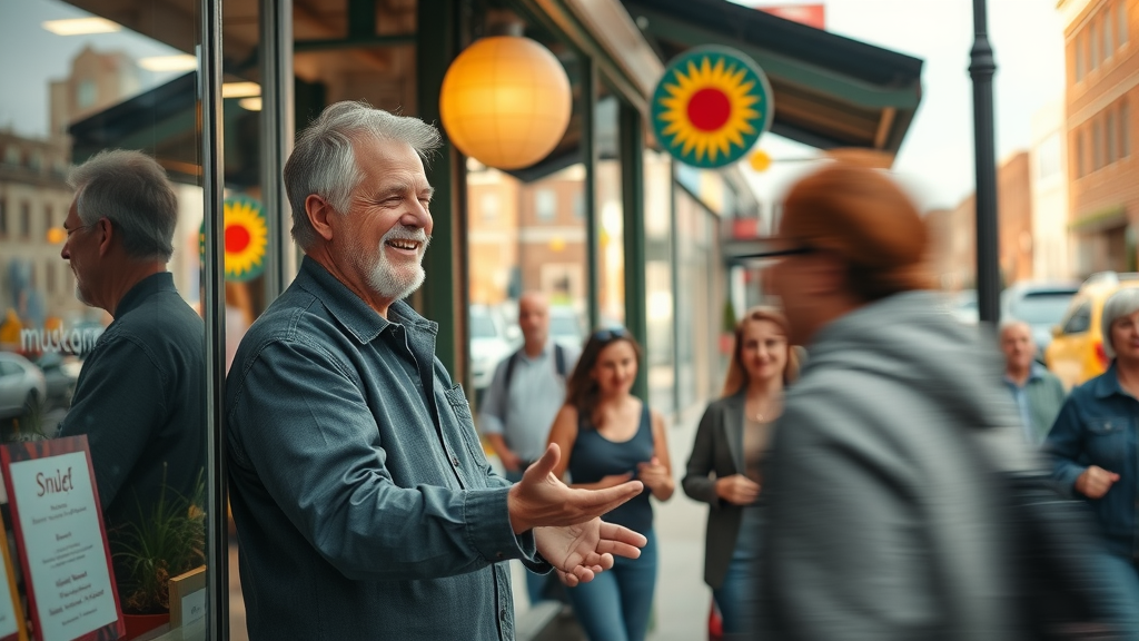 local SEO Muskegon vibrant bustling small business storefront in downtown Muskegon, owner greeting local customers, city street with Muskegon landmarks, warm daylight, photorealistic