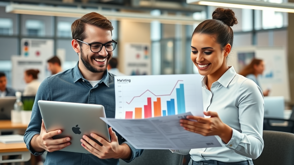 social media marketing small business owners viewing marketing growth charts in vibrant office