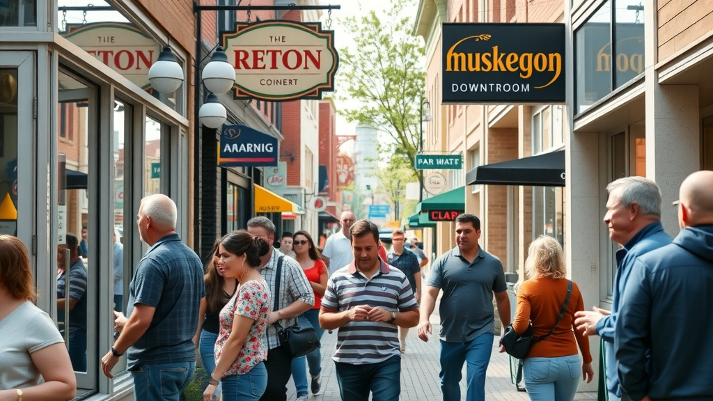 online advertising Muskegon MI modern Muskegon downtown main street, bustling shopfronts, local business owners interacting with customers, vibrant streetscape community engagement