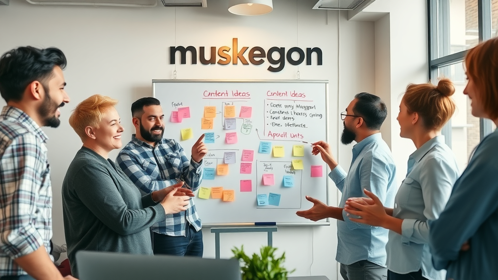 Creative team brainstorming content for social media marketing agency in Muskegon. Agency office with Muskegon branding.