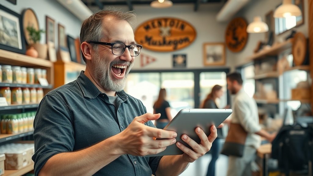 Retail store owner celebrating email marketing Muskegon subscriber growth