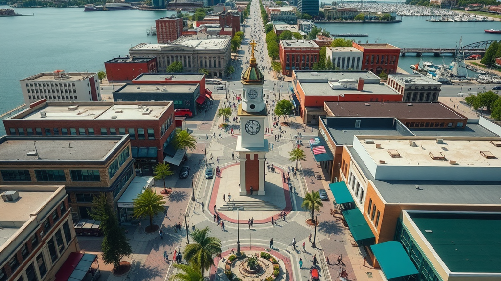 Aerial view of downtown Muskegon showing busy streets, social district activity, and local landmarks.