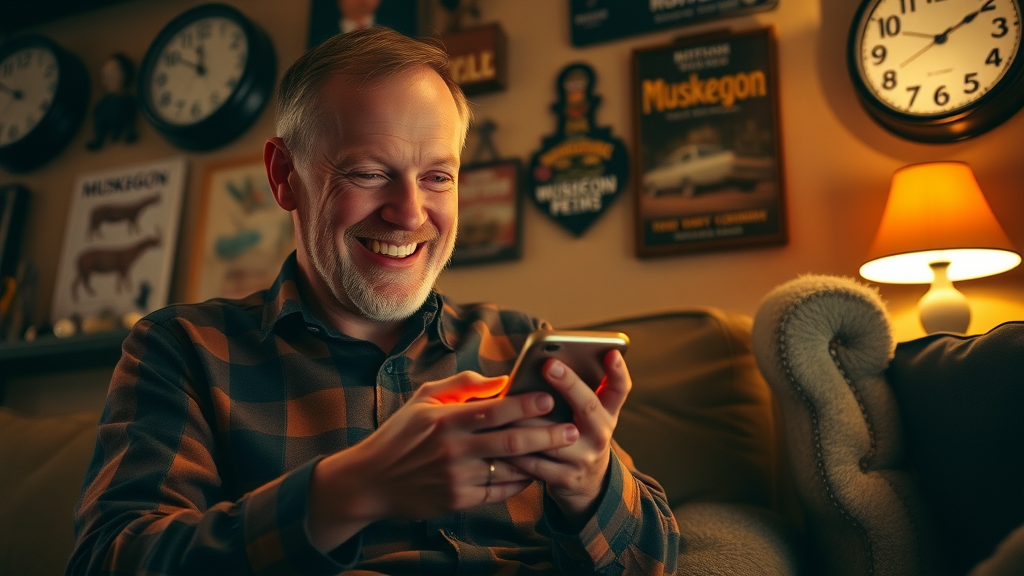 Customer using a mobile app for small business late at night in Muskegon, placing an order in a cozy, warmly lit home.
