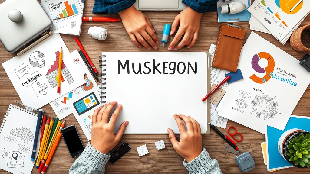 creative digital marketing graphic for Muskegon, MI business, colorful branding elements, flatlay with design tools for web design