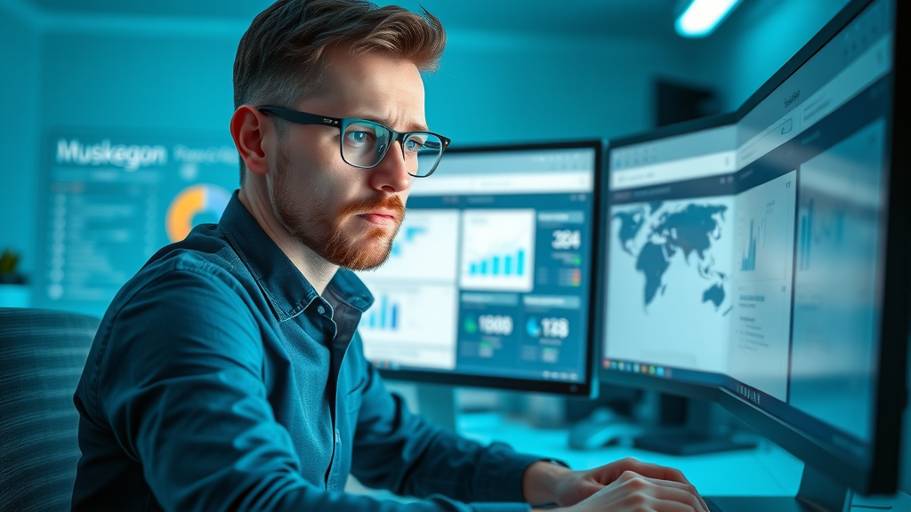 SEO specialist optimizing a Muskegon, MI website for local search engine results, using analytics, strong local SEO focus