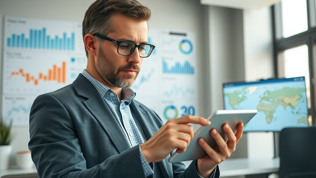 informative business owner reviewing Google Maps analytics on a tablet, showcasing Google Maps algorithm factors in a modern office setting