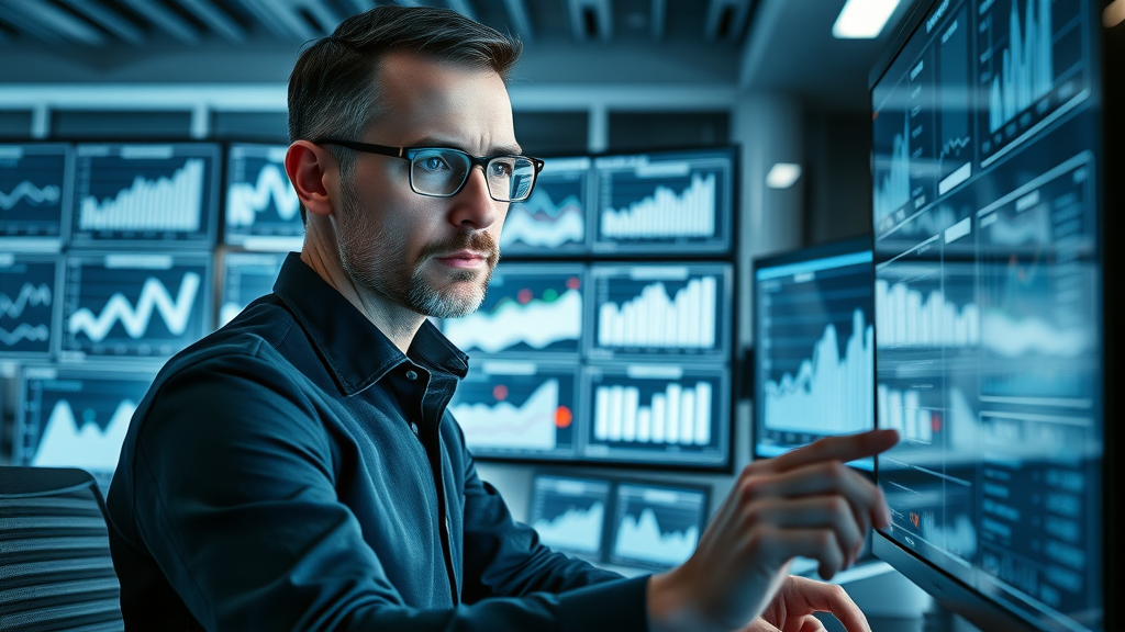 Professional marketer analyzing campaign metrics on transparent digital displays. Analytics for social media marketing Muskegon.