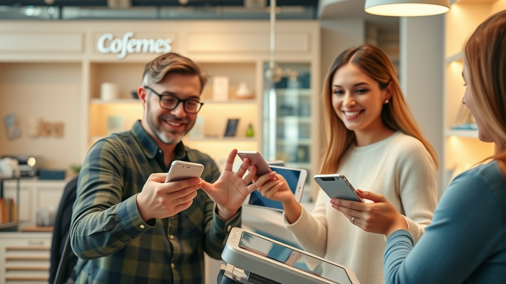 Small business customers redeeming rewards via mobile app in a boutique shop with loyalty program features for local businesses