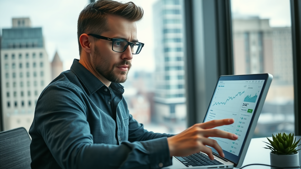 local SEO Muskegon dynamic professional marketer analyzing local search data on laptop, Muskegon city view, analytics, photorealistic, diffused light