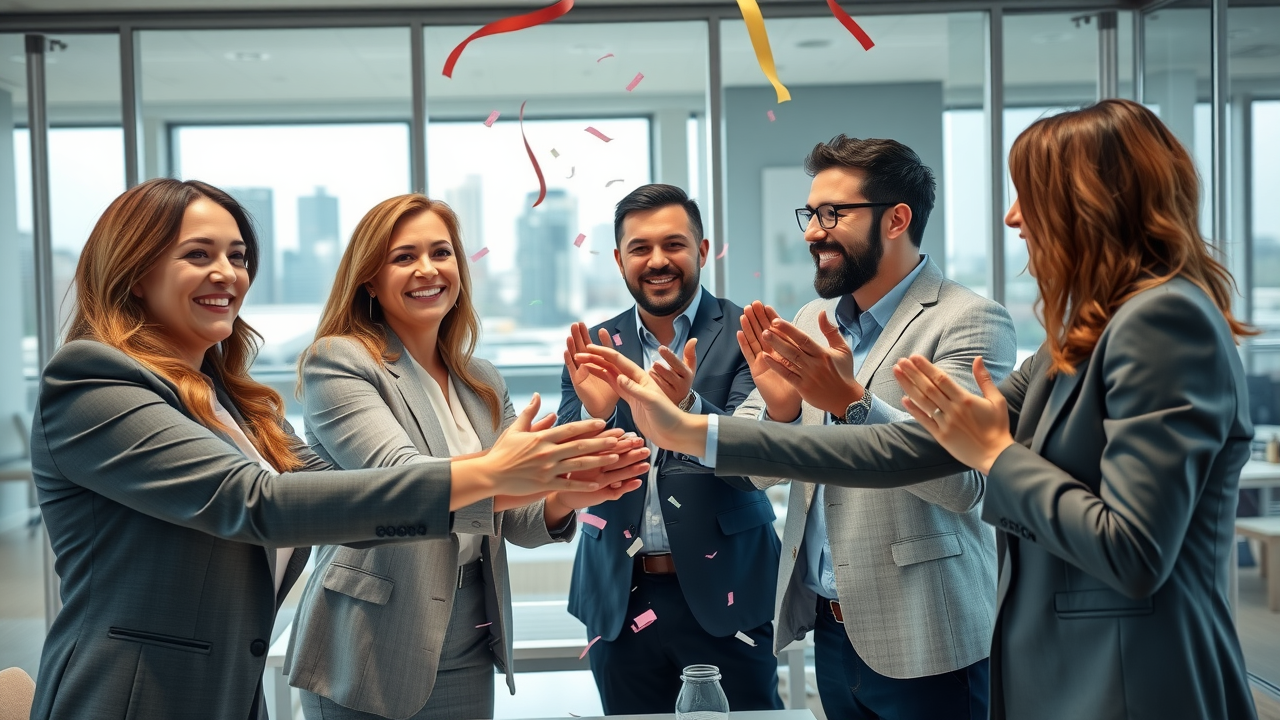 Muskegon business team celebrates marketing success leveraging social proof techniques.