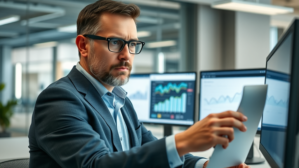 concerned business manager reviewing PPC ad spend data for local Muskegon business