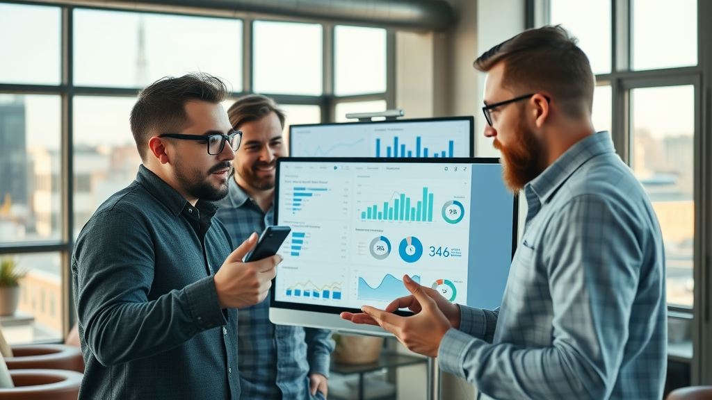 digital marketing agency Muskegon engaged team analyzing social media and SEO analytics, modern agency loft, Muskegon city views, animated data visuals