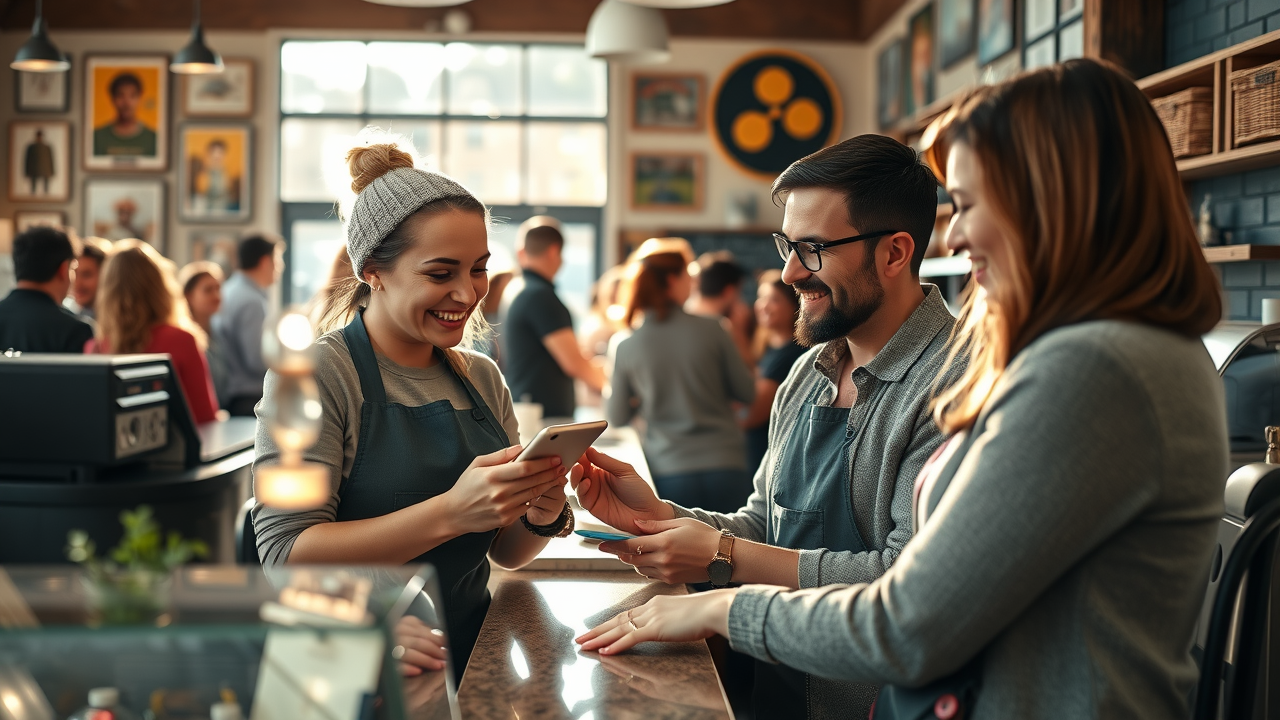 Muskegon café staff engaging customers with branded mobile app, bustling morning crowd