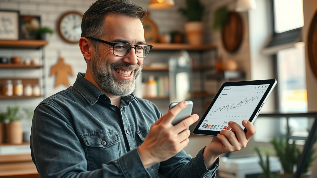 local seo for Muskegon businesses enthusiastic business owner reviewing SEO performance on a digital tablet, local shop interior, upward trending charts