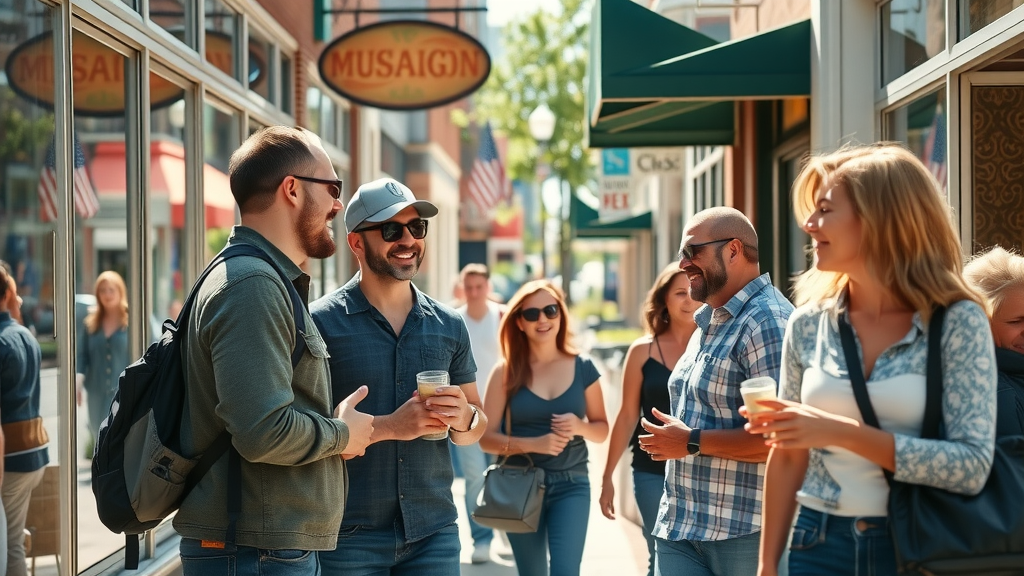 Small business marketing Muskegon vibrant downtown, local business owners engaging with customers, bustling storefronts, and dynamic sunlight