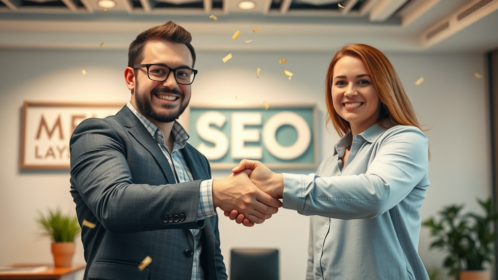 local SEO Muskegon expert and small business client shaking hands, Muskegon office, celebratory confetti, lifelike photorealistic