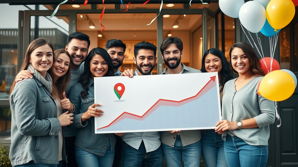 successful local business team celebrating increased customer traffic due to high Google Maps ranking, upward analytics, local business celebration