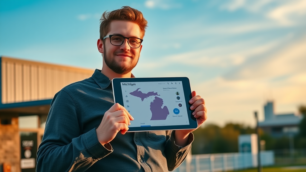 Michigan entrepreneur holding a tablet with business mobile app prototype, standing in front of their business with an iconic Michigan landscape in the background.
