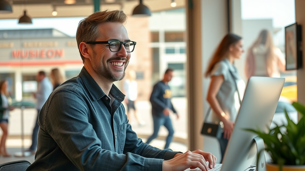 web design and local SEO in Muskegon: small business owner optimizing website, Muskegon landmarks, digital marketing strategies