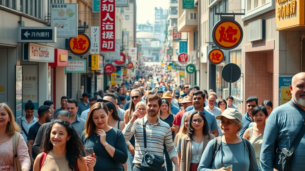 dynamic main street with a diverse crowd, satisfied shoppers, vibrant storefronts, emphasizing community and activity, local search presence, urban street, photorealistic