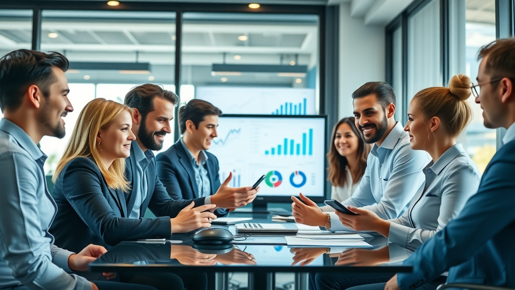 Professional marketing team brainstorming mobile marketing strategies, digital screens, teamwork, collaboration, high fantasy, cool office, wide-angle lens. digital agency, marketing agency, web design