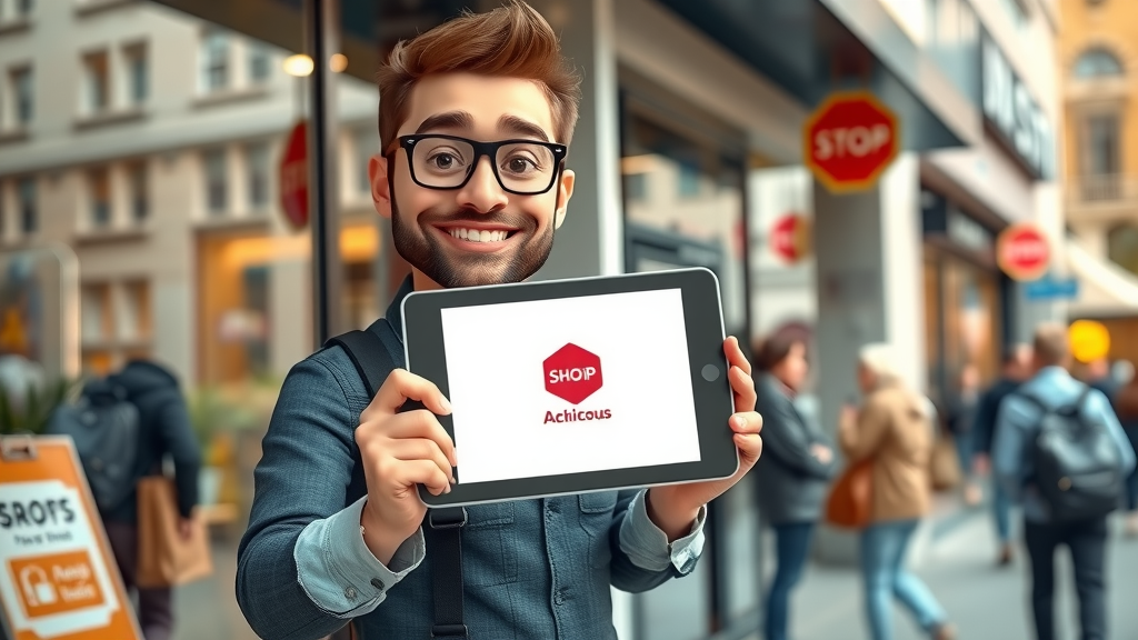 Modern small business storefront, owner holding branded mobile app, standing out from competitors