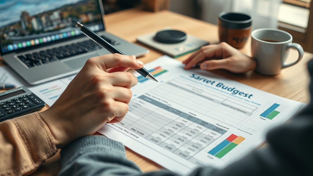 detailed marketing budget spreadsheet for PPC advertising Muskegon, highlighting costs, financial documents and laptop with Muskegon city on screen