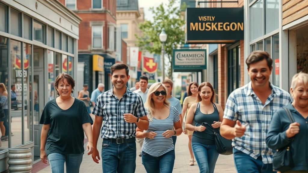 dynamic Muskegon business district showcasing online brand awareness Muskegon, enthusiastic local business owners, engaging with customers, bustling downtown Muskegon landmarks, natural daylight