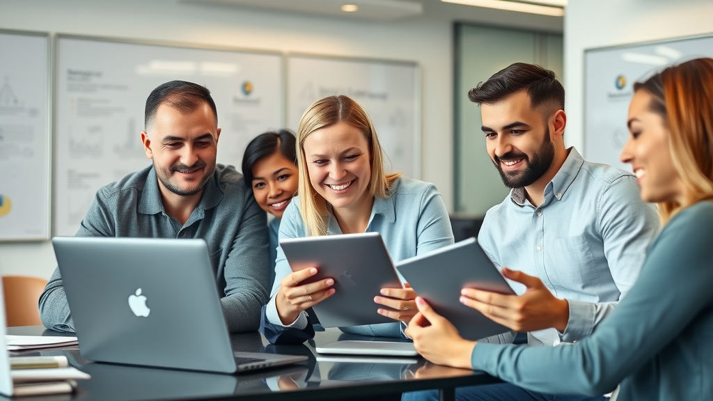 Marketing agency team, Muskegon, MI, discussing local online marketing strategies, laptops, digital tablets, modern office.