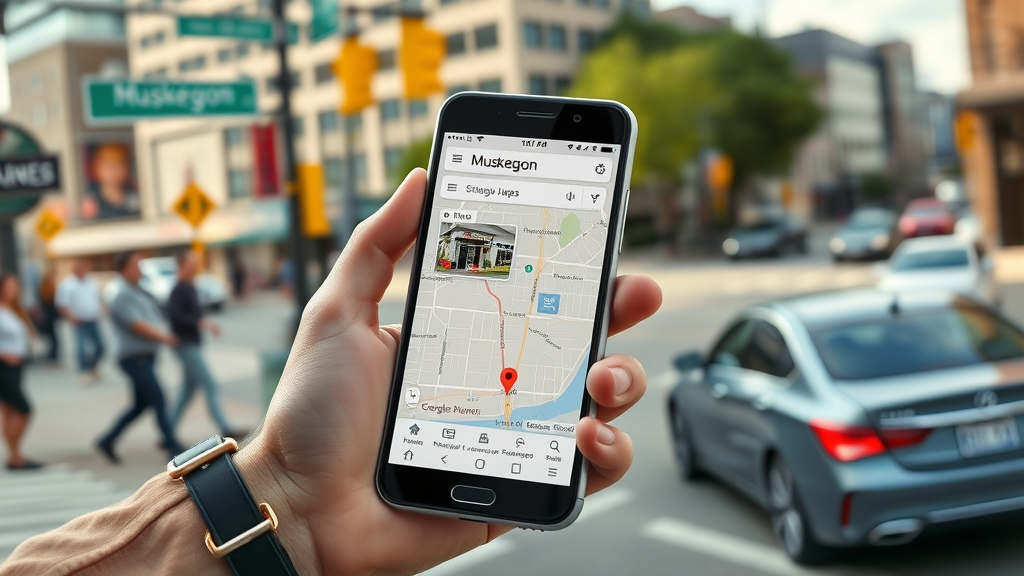 Close-up of smartphone showing Muskegon business on Google Maps, Google My Business optimization, Muskegon, MI.