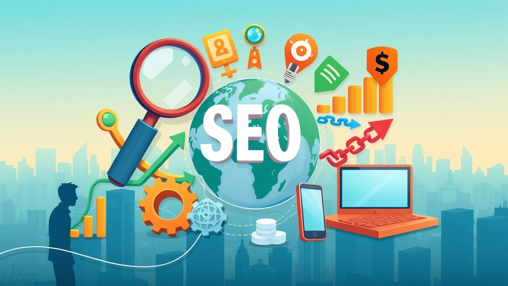 SEO services in Muskegon visual collage of SEO icons: search, local, chains, charts, phone, computer, Muskegon skyline, brand colors, isometric view