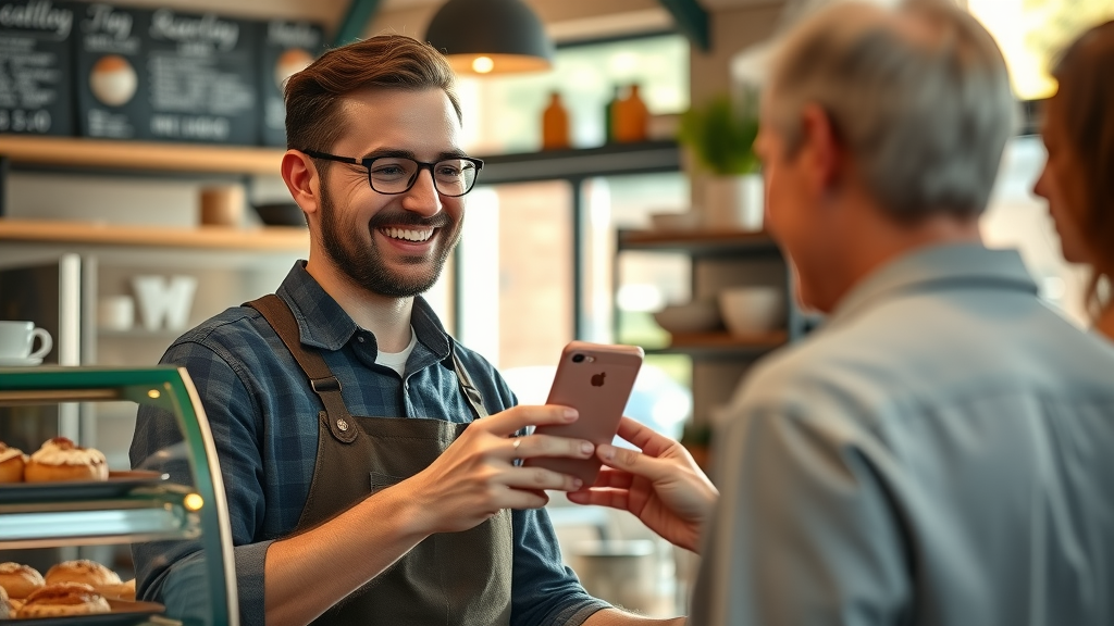 Local cafe owner serving customer using loyalty rewards mobile app, benefits of mobile app for small businesses