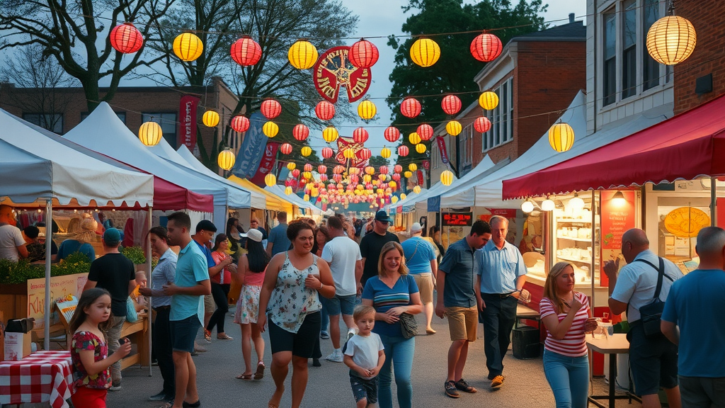 Muskegon social district festival with families, friends, and vibrant local business tents in evening light