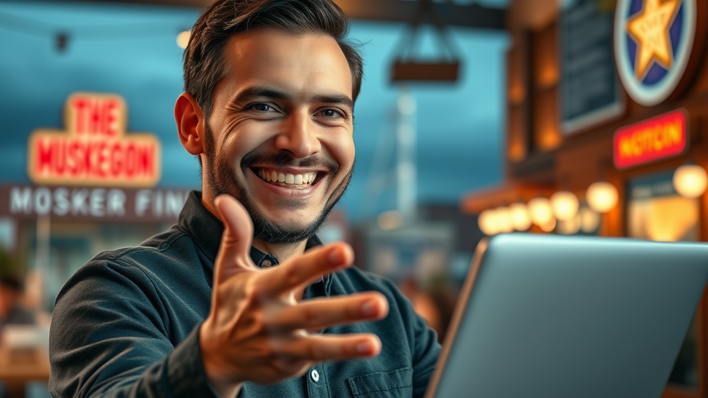 Web design and digital marketing for Muskegon online reputation branding - friendly business owner engaging online customers with Muskegon skyline.