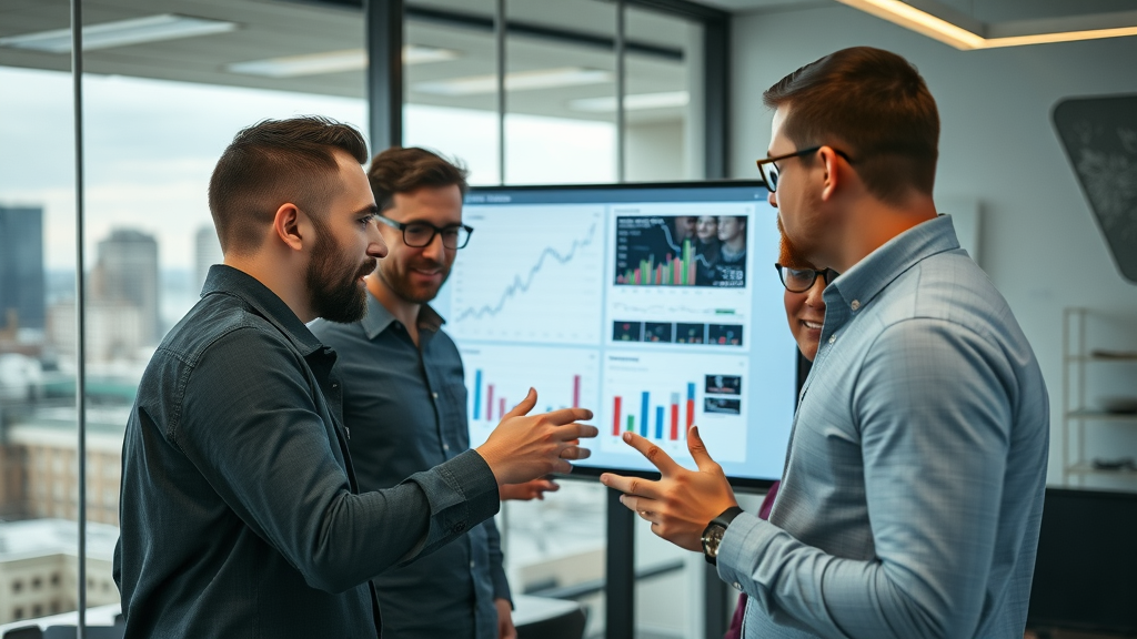 dynamic marketing team reviewing video metrics, modern Muskegon office with cityscape, friendly people and charts in background, realistic, balanced lighting, 35mm lens, no disfigured features