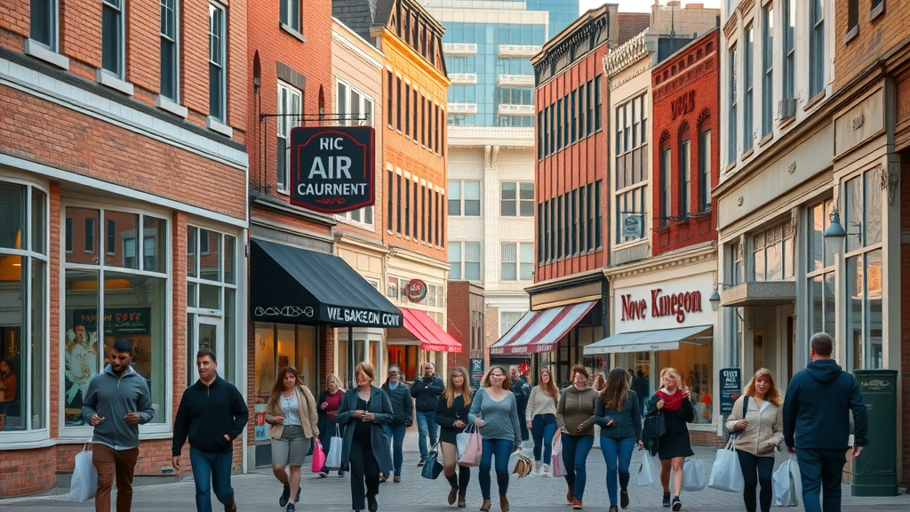 inviting streetscape of downtown Muskegon, diverse small business storefronts, bustling with people, google business listing muskegon, photorealistic high fidelity lifelike, historic brick buildings, golden hour