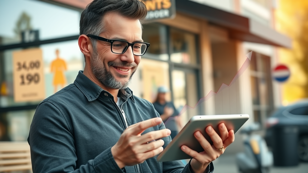 Muskegon business owner reviewing growth stats after launching online campaigns in Muskegon, with Muskegon storefronts and digital marketing strategy overlays