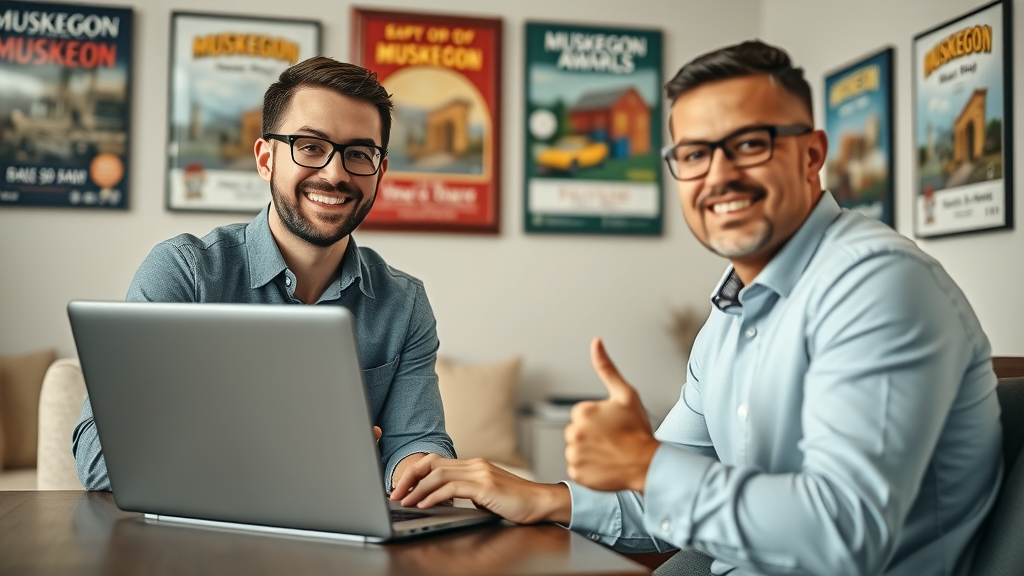 Marketing consultant updating Muskegon business profile with satisfied client - business profile Muskegon